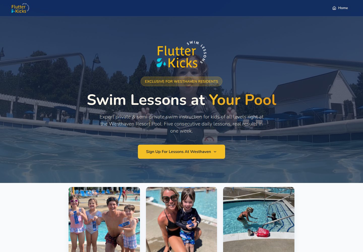 Flutter Kicks Swim Lessons public website screenshot