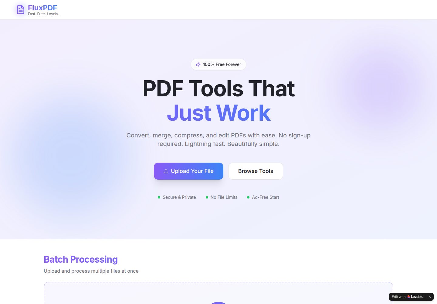 FluxPDF public website screenshot