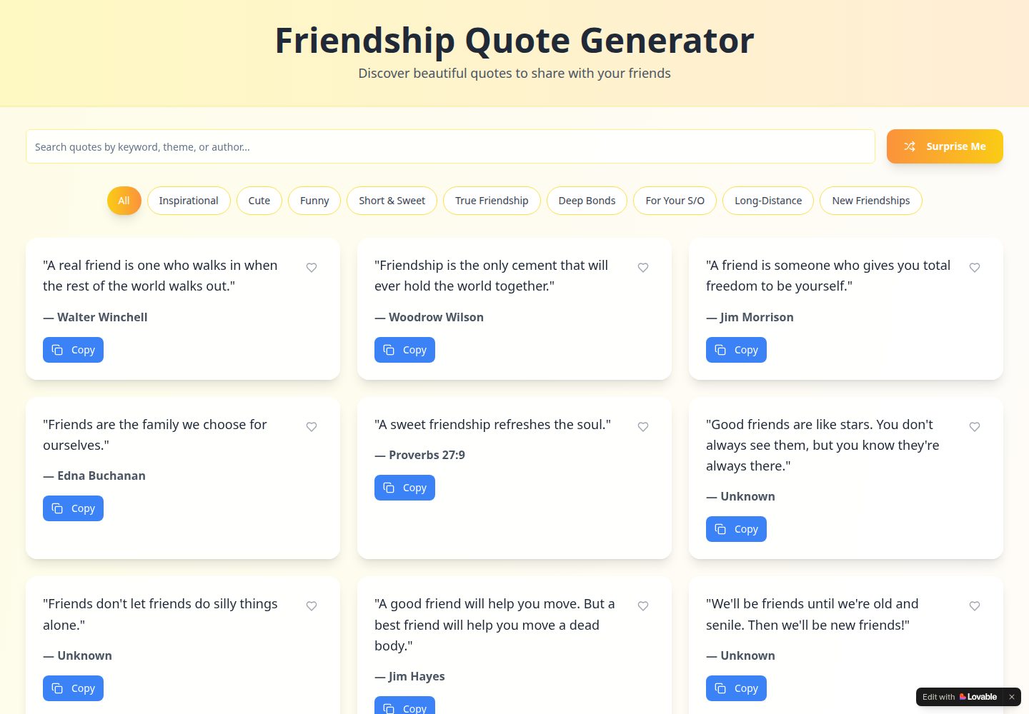 Friendship Quote Generator public website screenshot