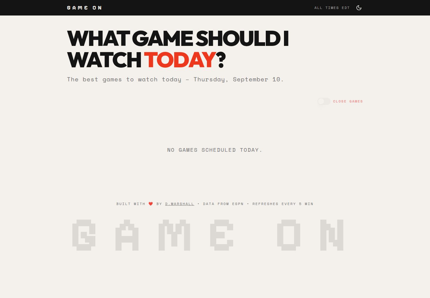 Game On public website screenshot
