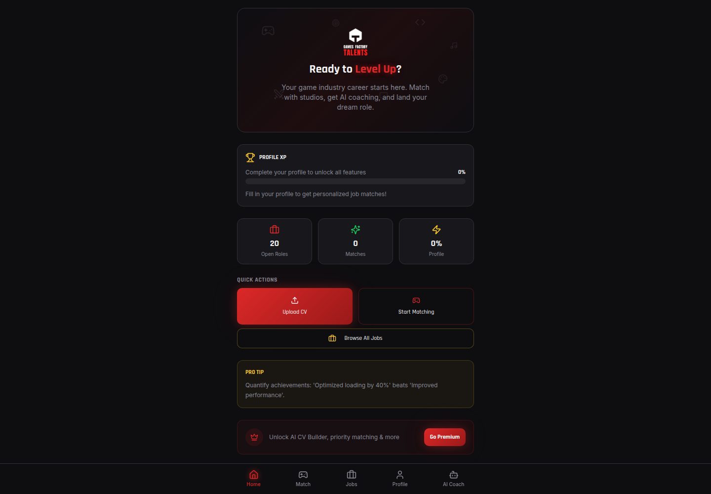 Game Talents public website screenshot