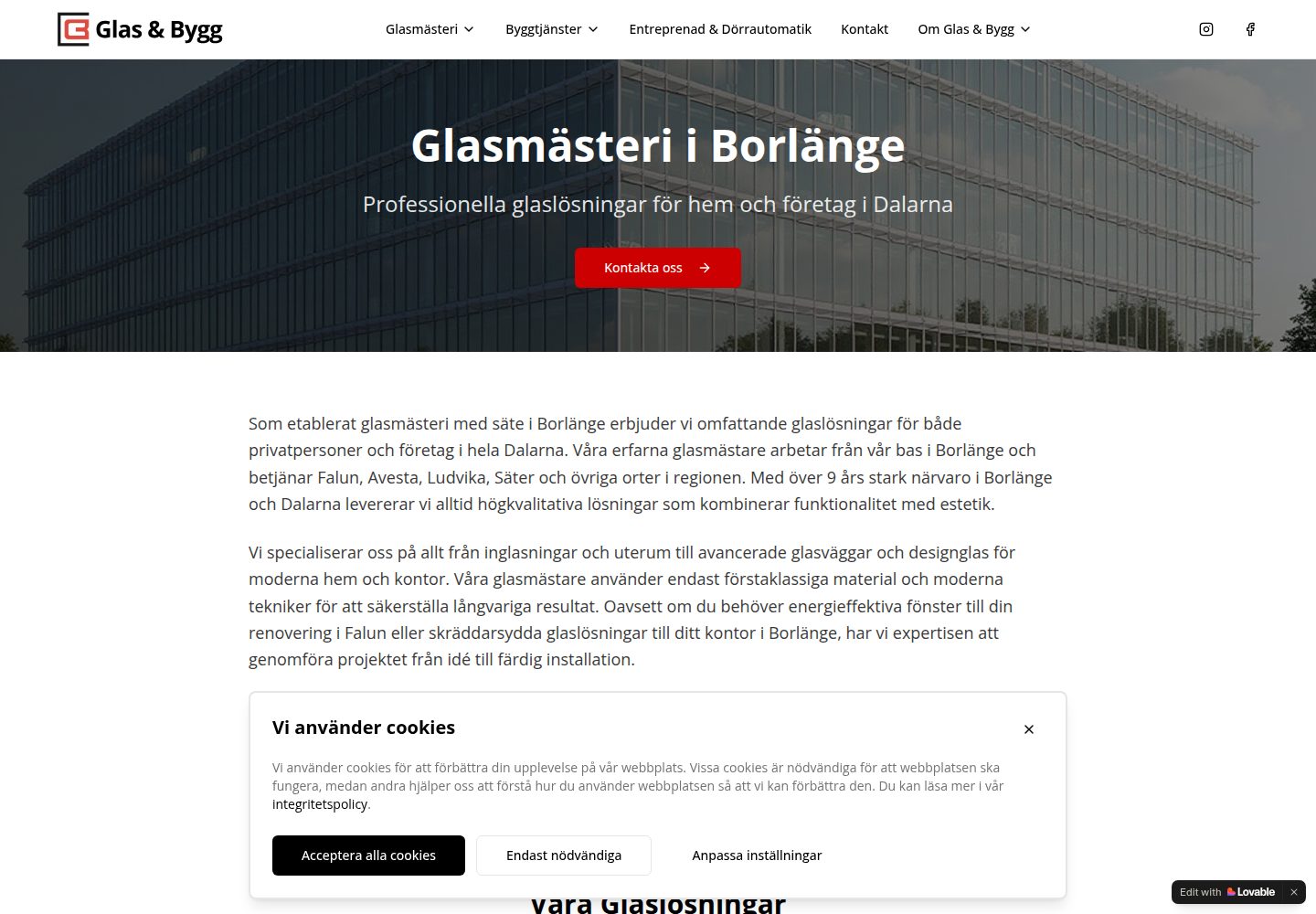 Glas & Bygg public website screenshot