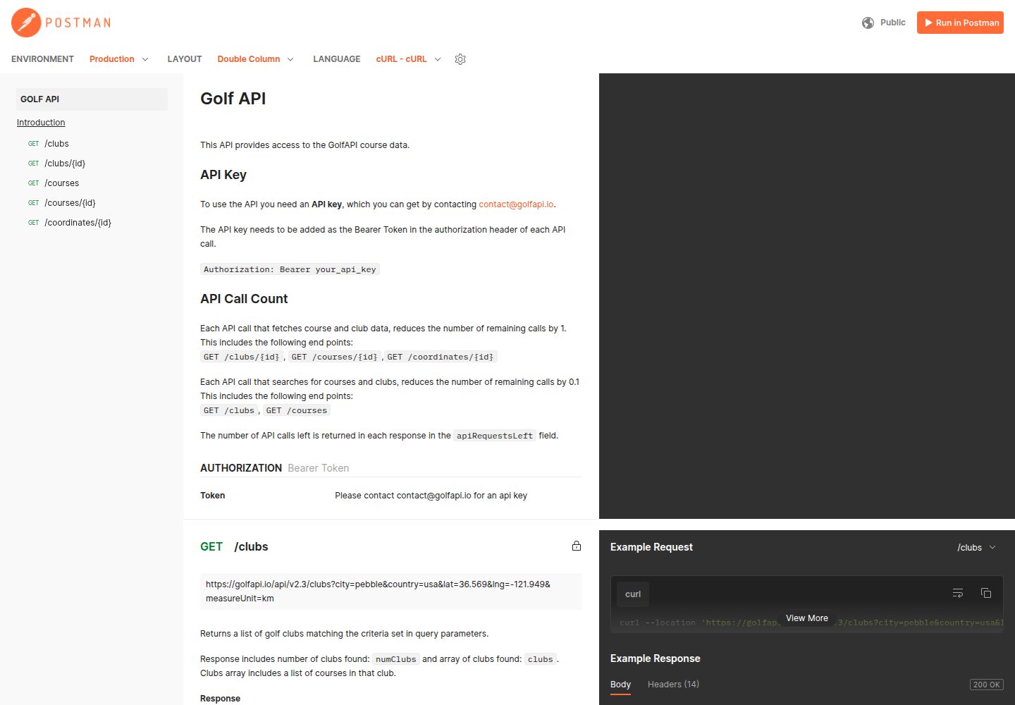 Golf API public website screenshot