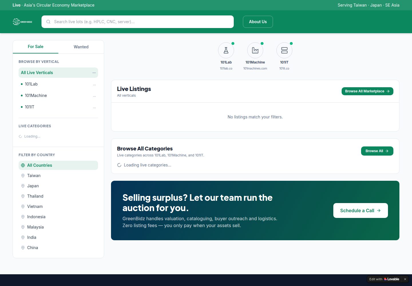 GreenBidz public website screenshot