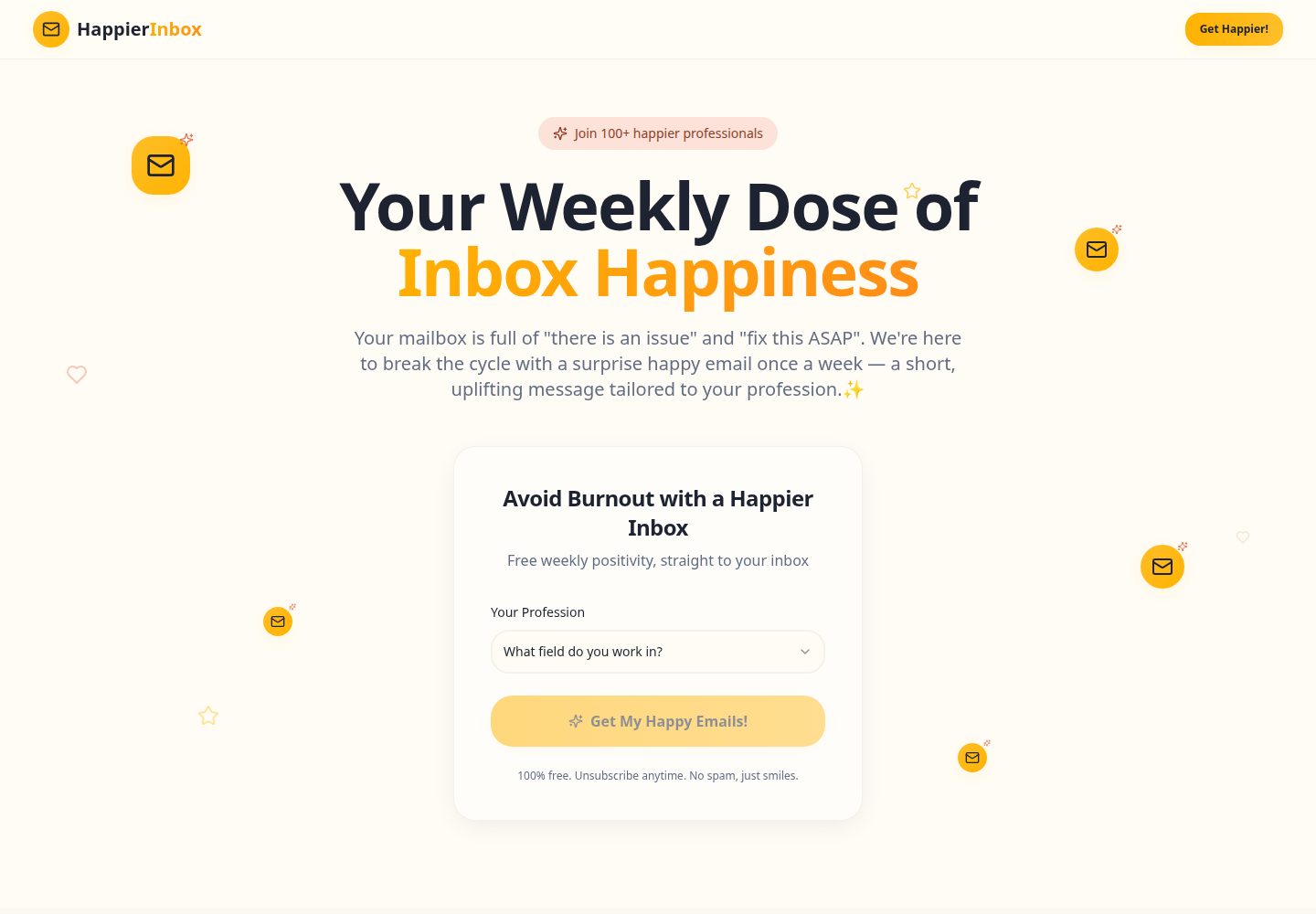 HappierInbox public website screenshot