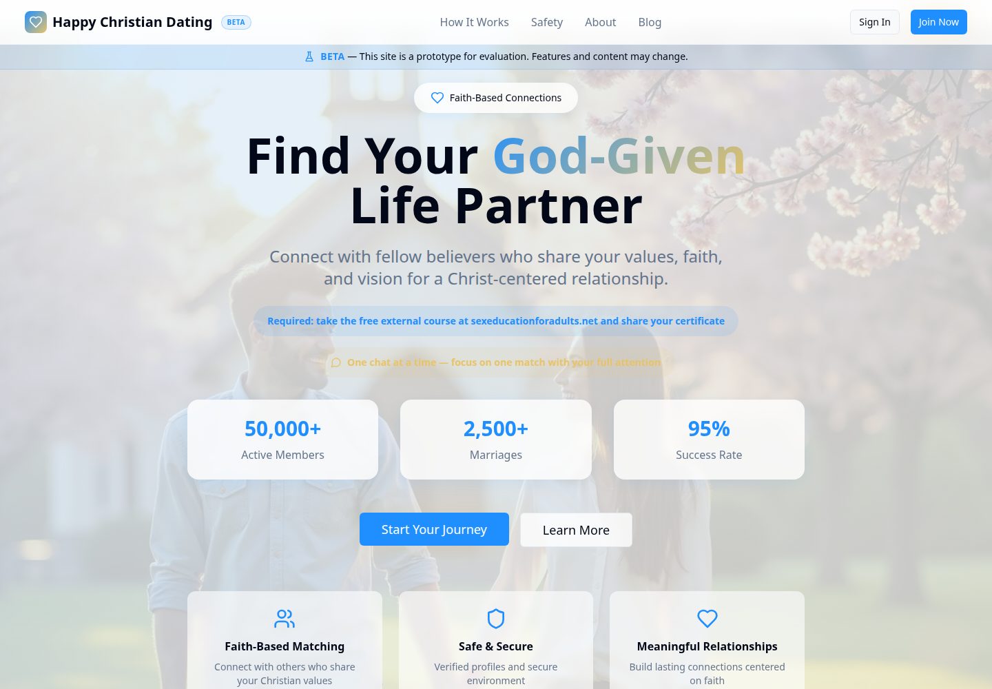 Happy Christian Dating public website screenshot