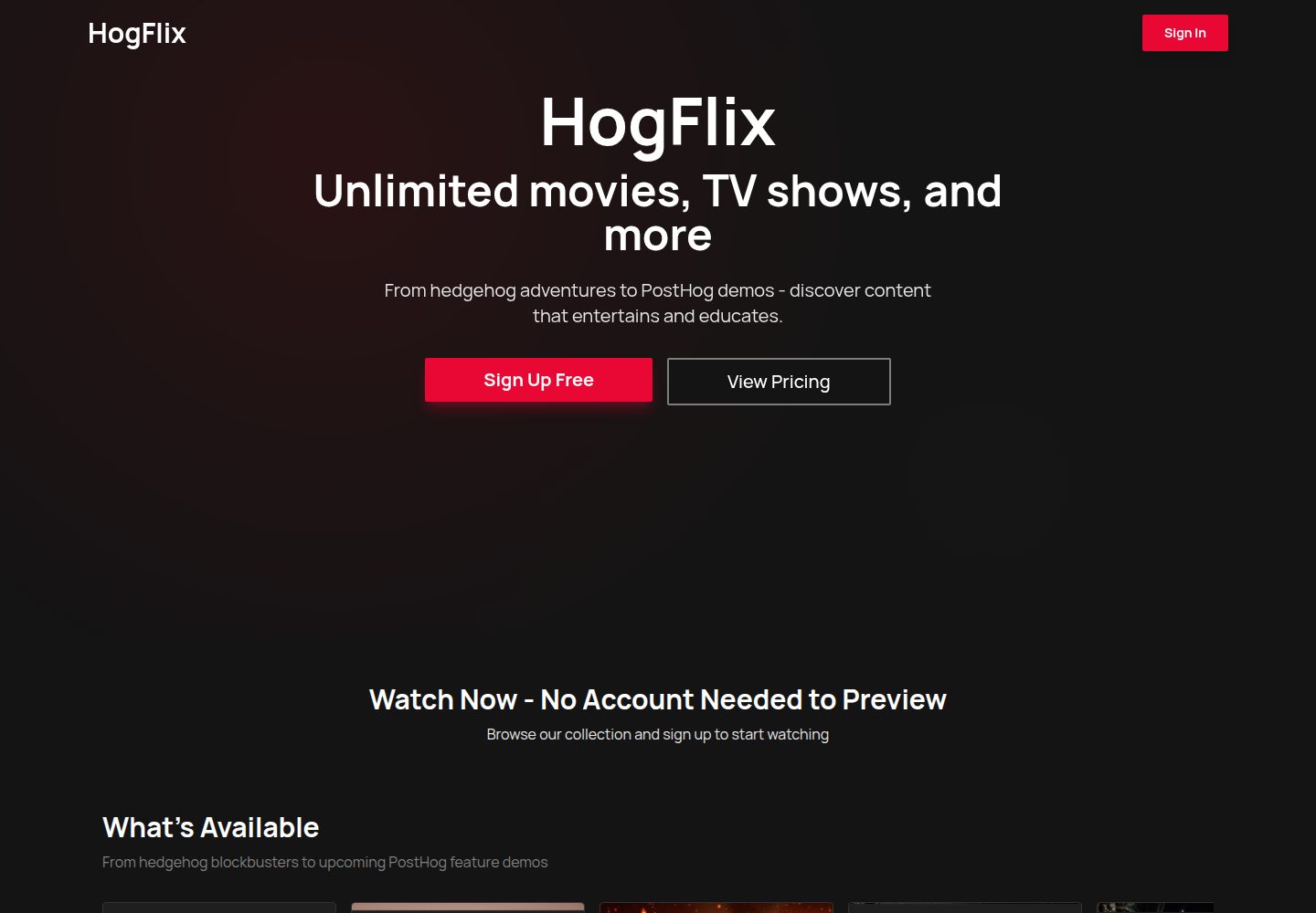 HogFlix public website screenshot
