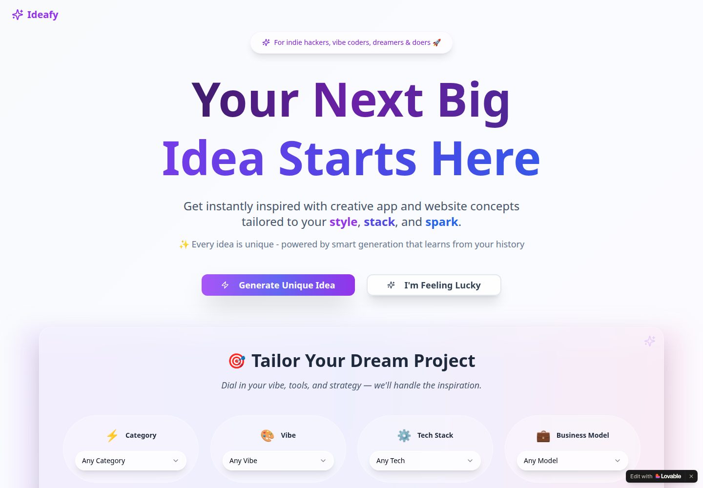 Ideafy public website screenshot