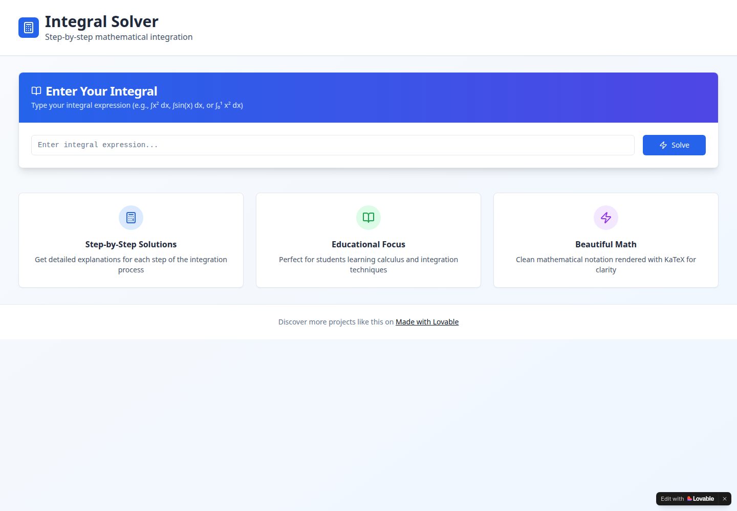 Integral Solver public website screenshot