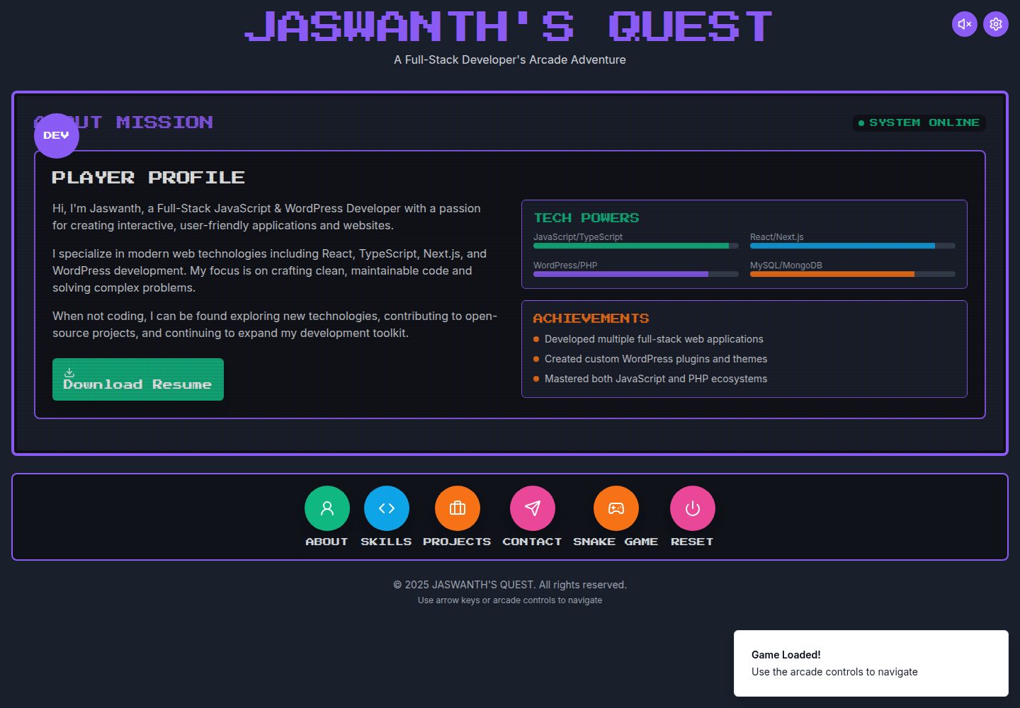 Jaswanth's Quest public website screenshot