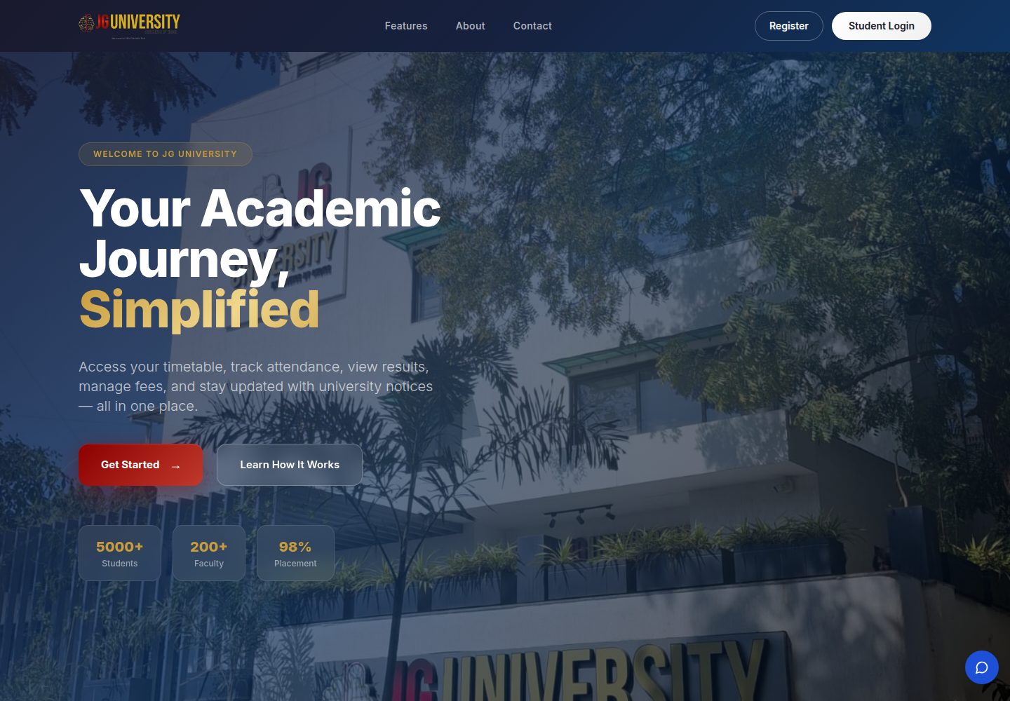 JG University public website screenshot
