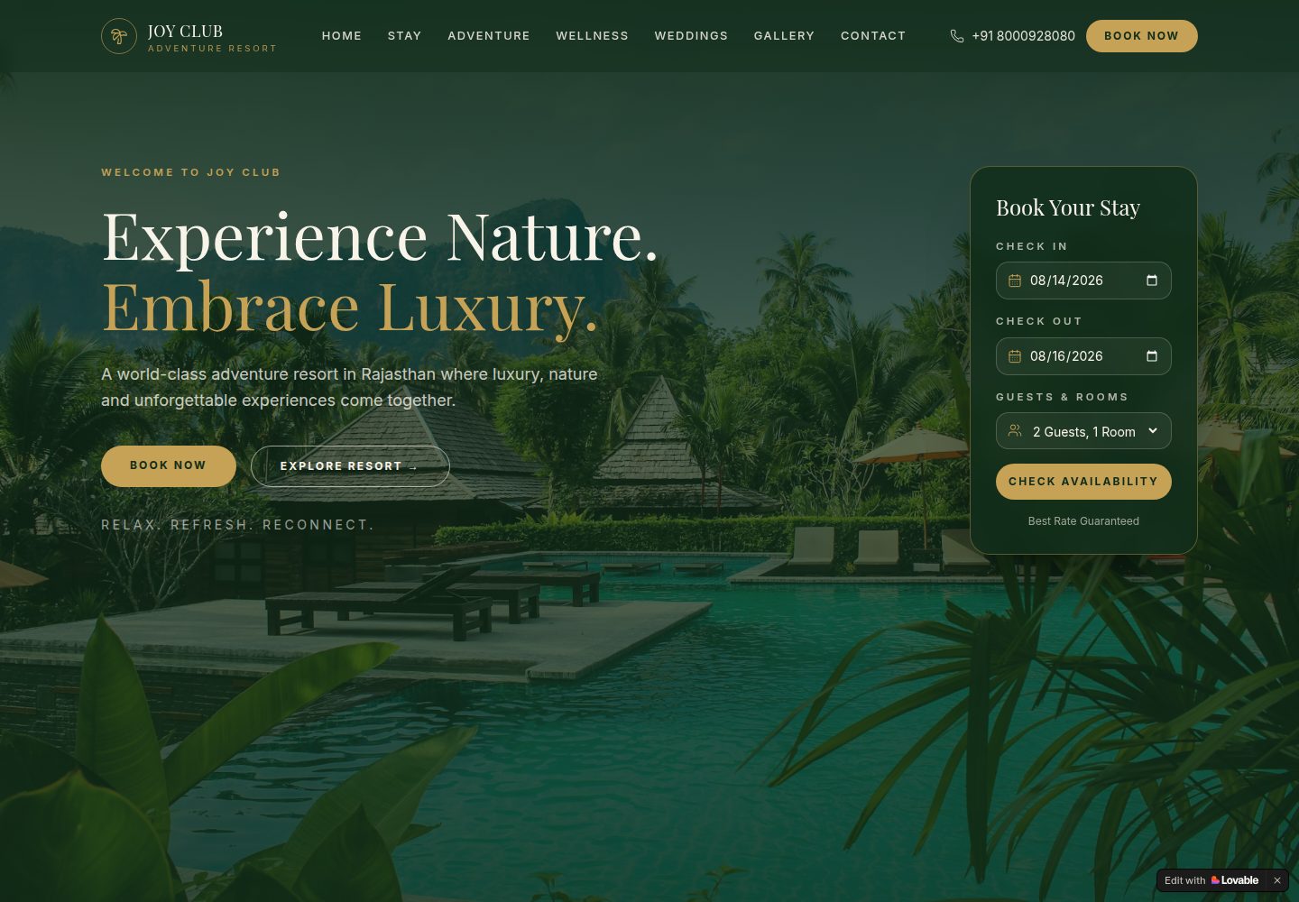 Joy Club Adventure Resort public website screenshot