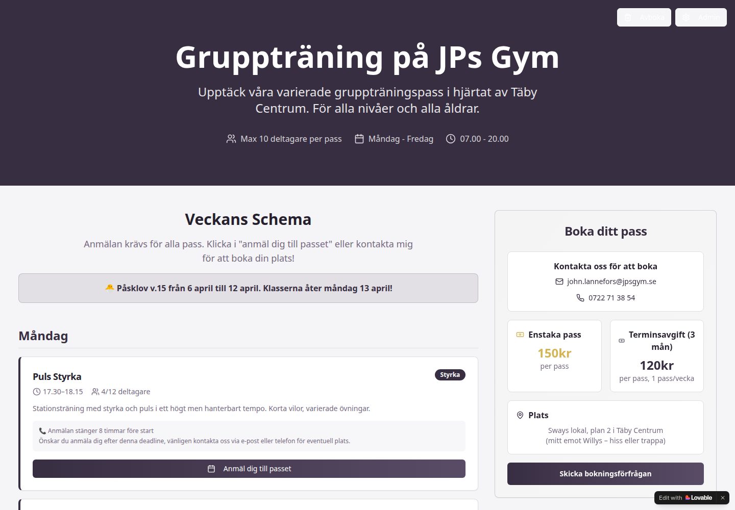 JPs Gym public website screenshot