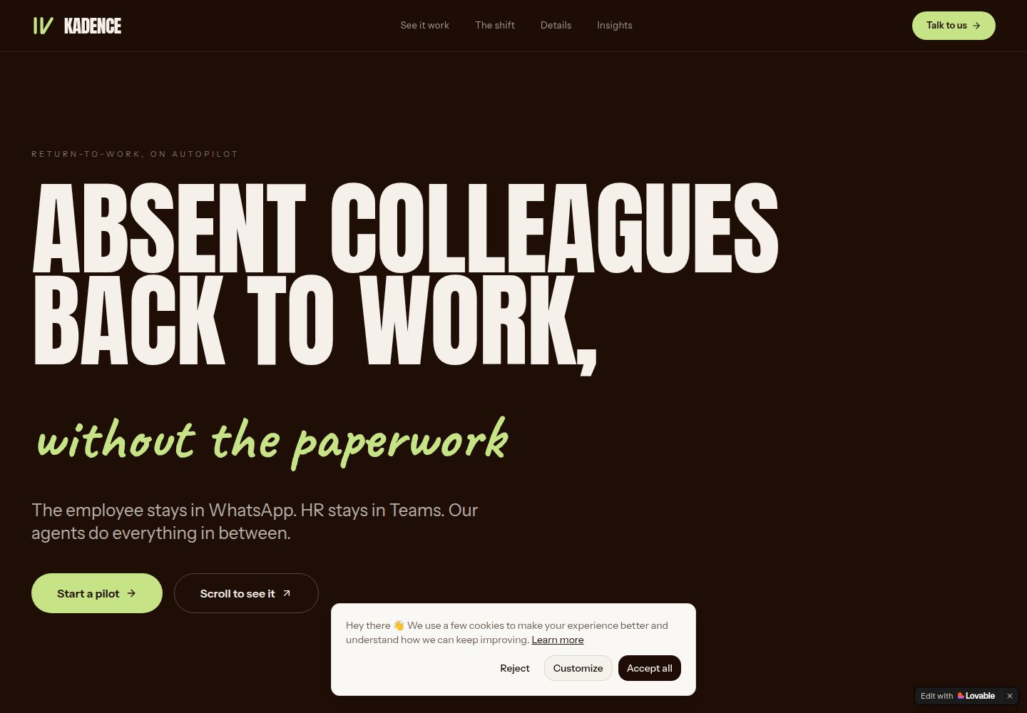 Kadence public website screenshot