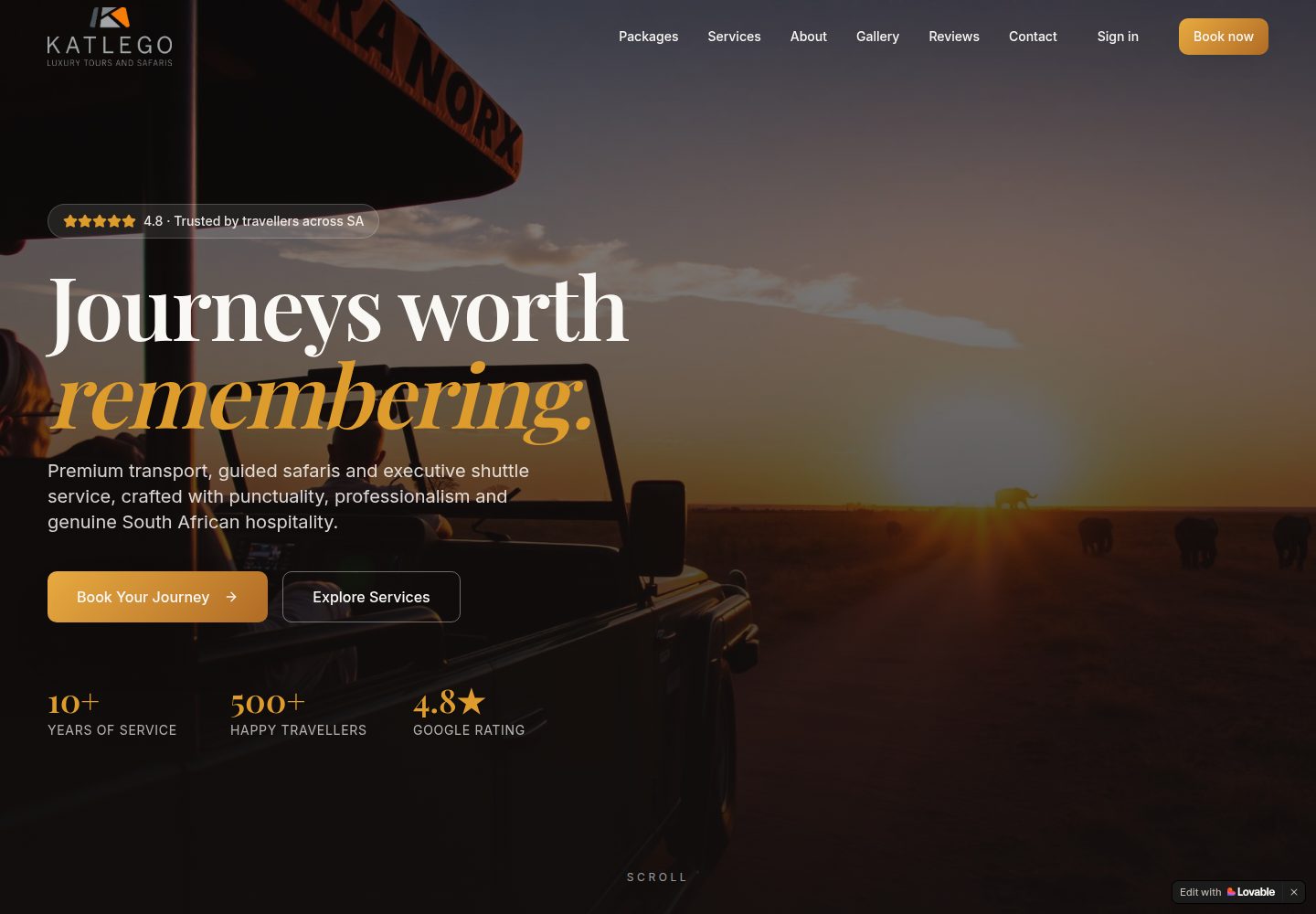Katlego Luxury Tours public website screenshot