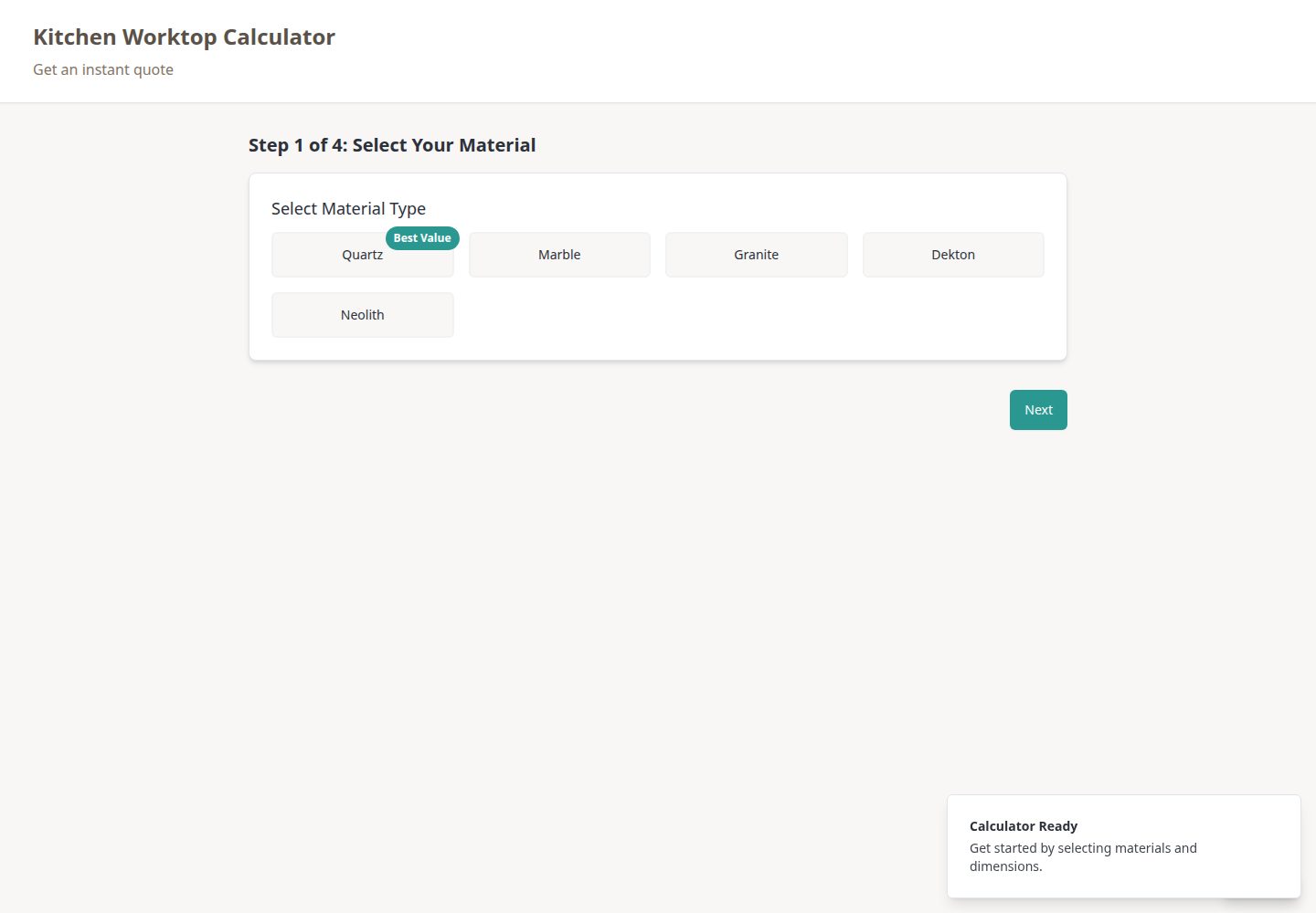 Kitchen Worktop Calculator public website screenshot