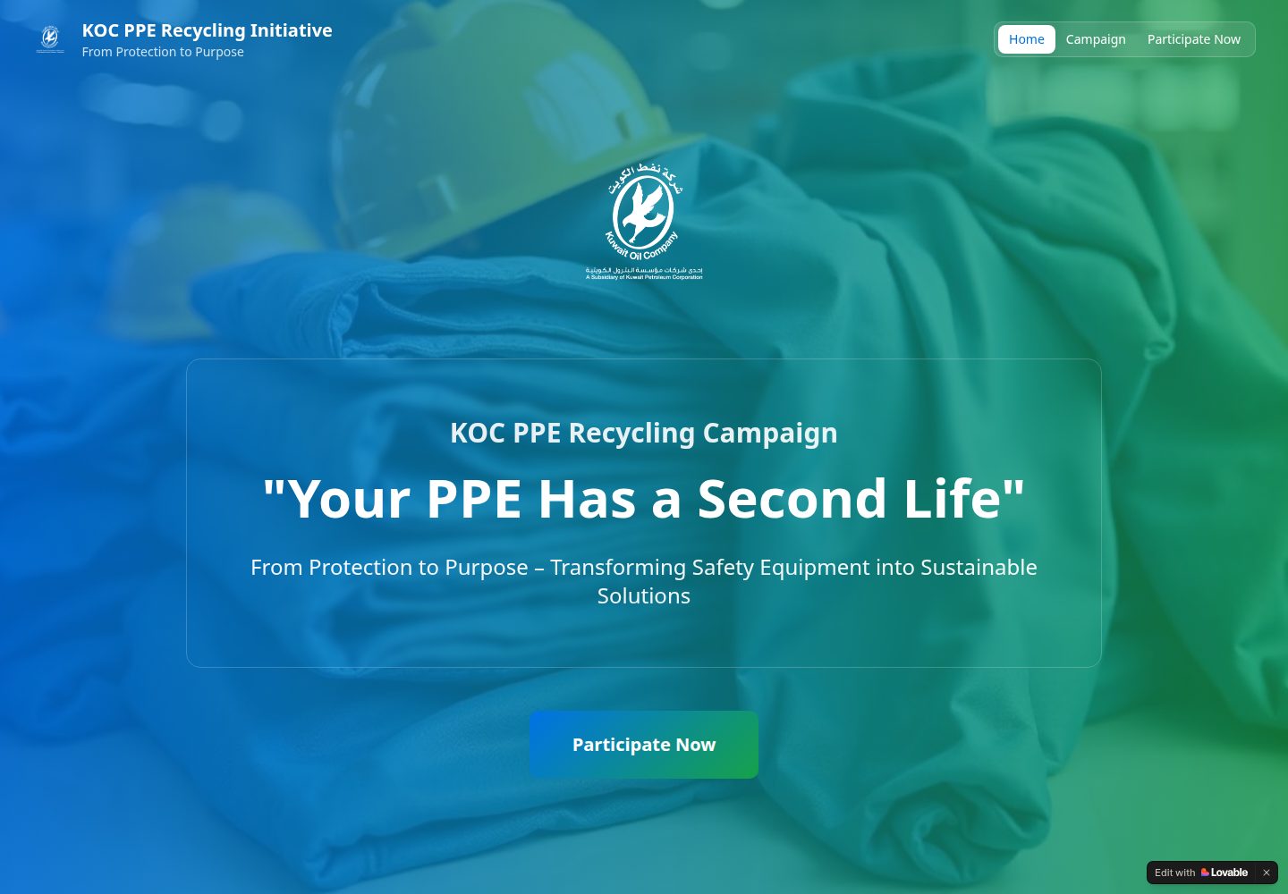 KOC PPE Recycling Initiative public website screenshot