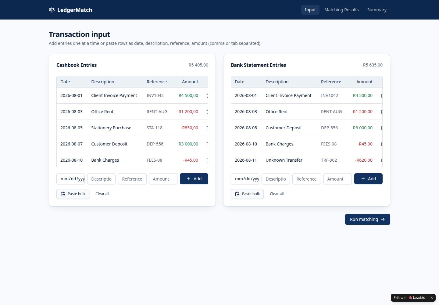 LedgerMatch public website screenshot