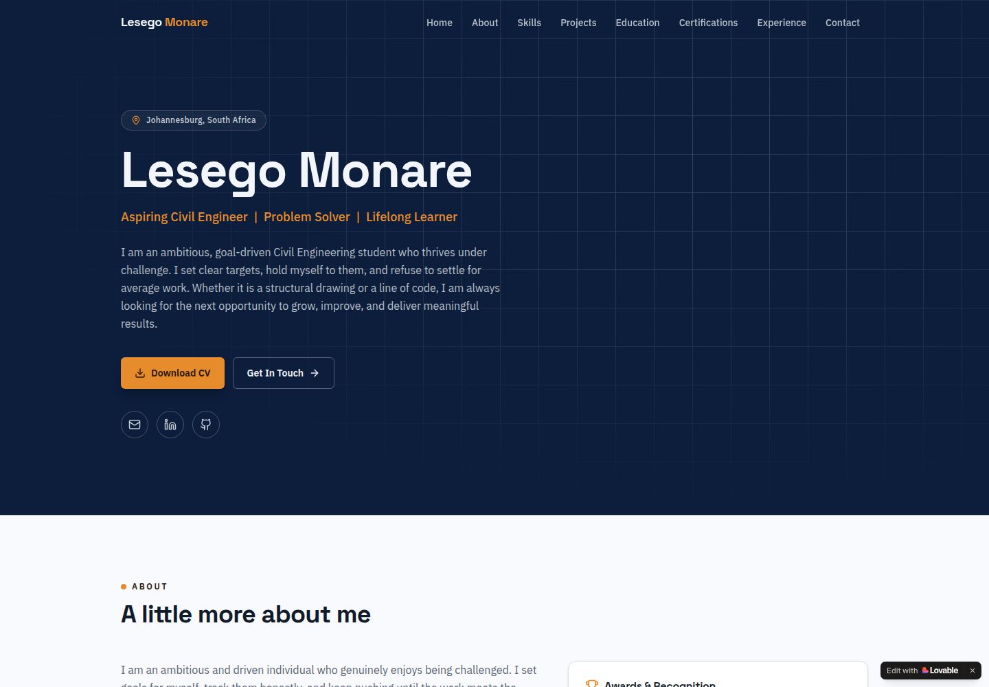 Lesego Monare public website screenshot