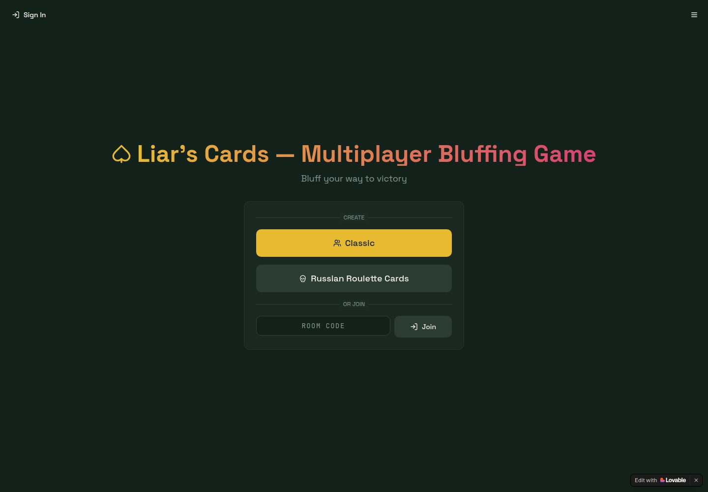 Liar's Cards public website screenshot