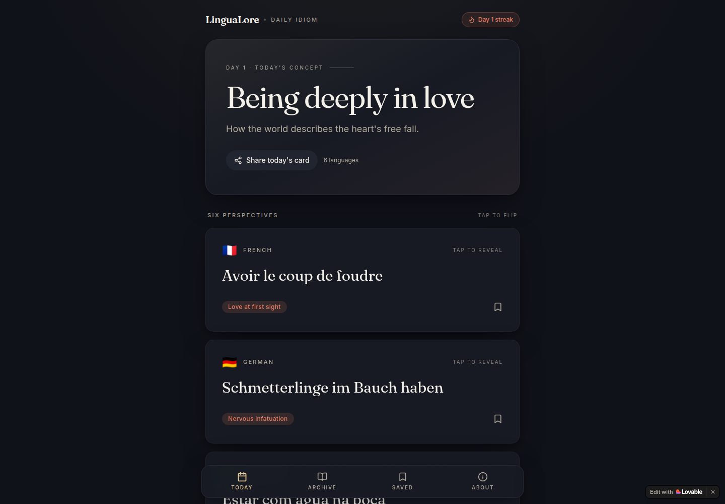 LinguaLore public website screenshot