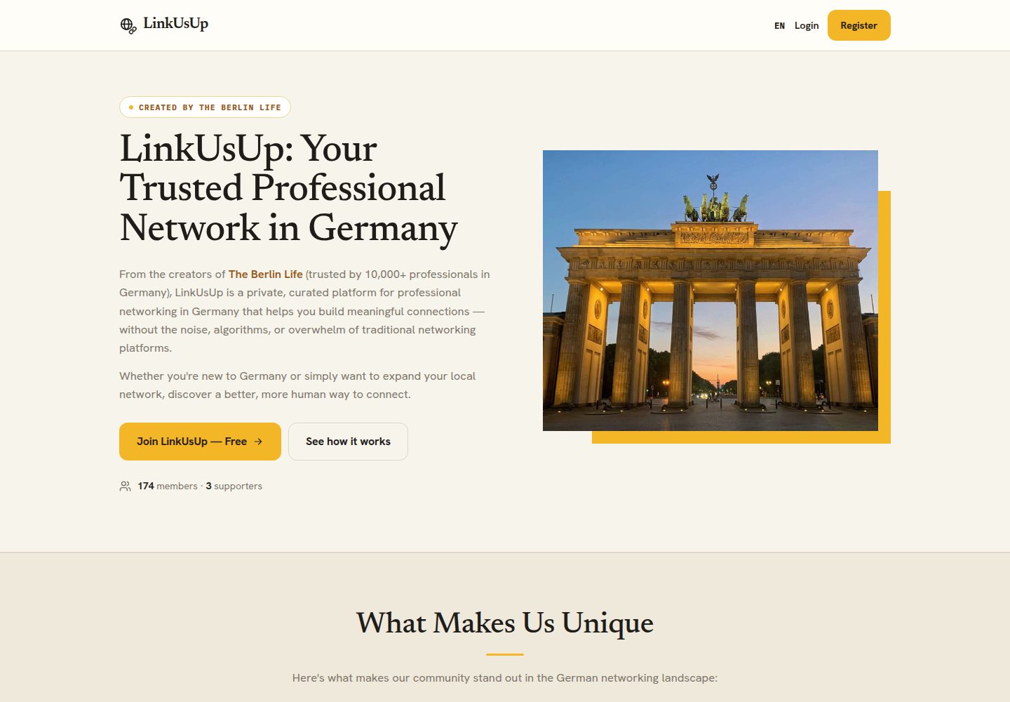 LinkUsUp public website screenshot