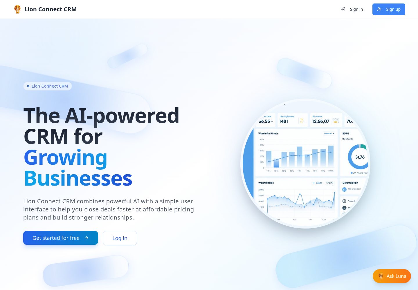 Lion Connect CRM public website screenshot