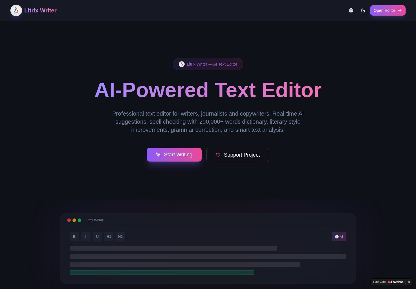 Litrix Writer public website screenshot