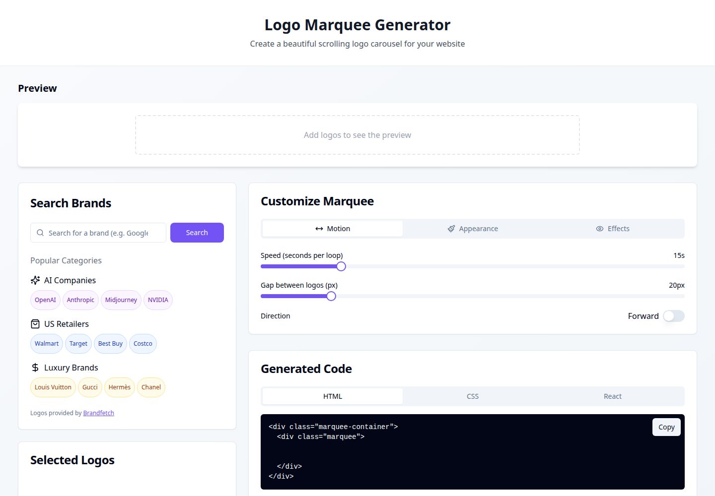 Logo Marquee Generator public website screenshot