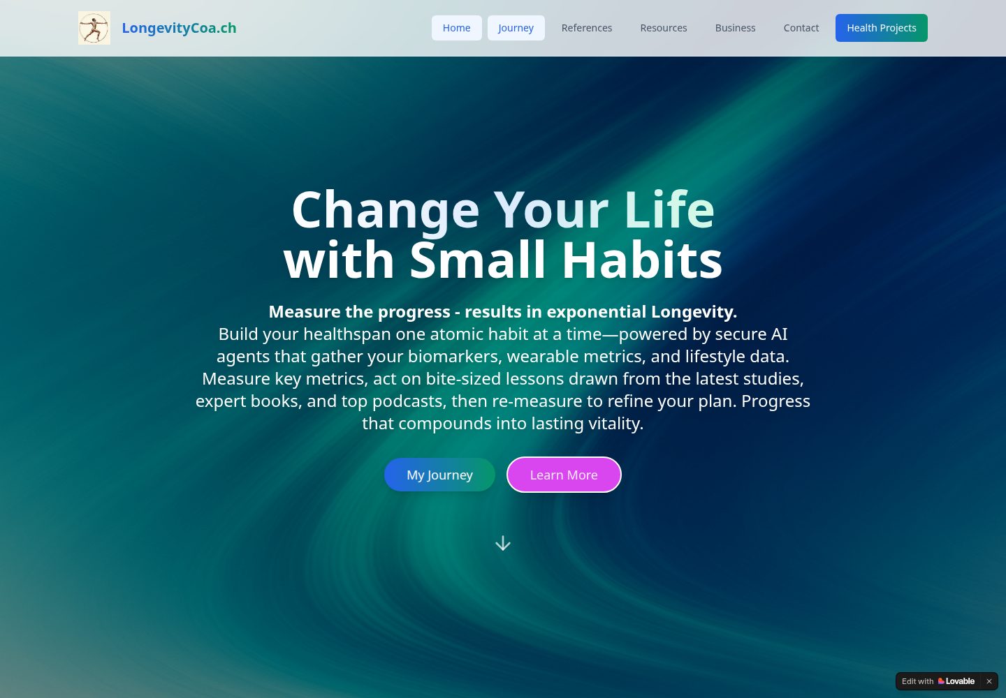 LongevityCoa.ch public website screenshot