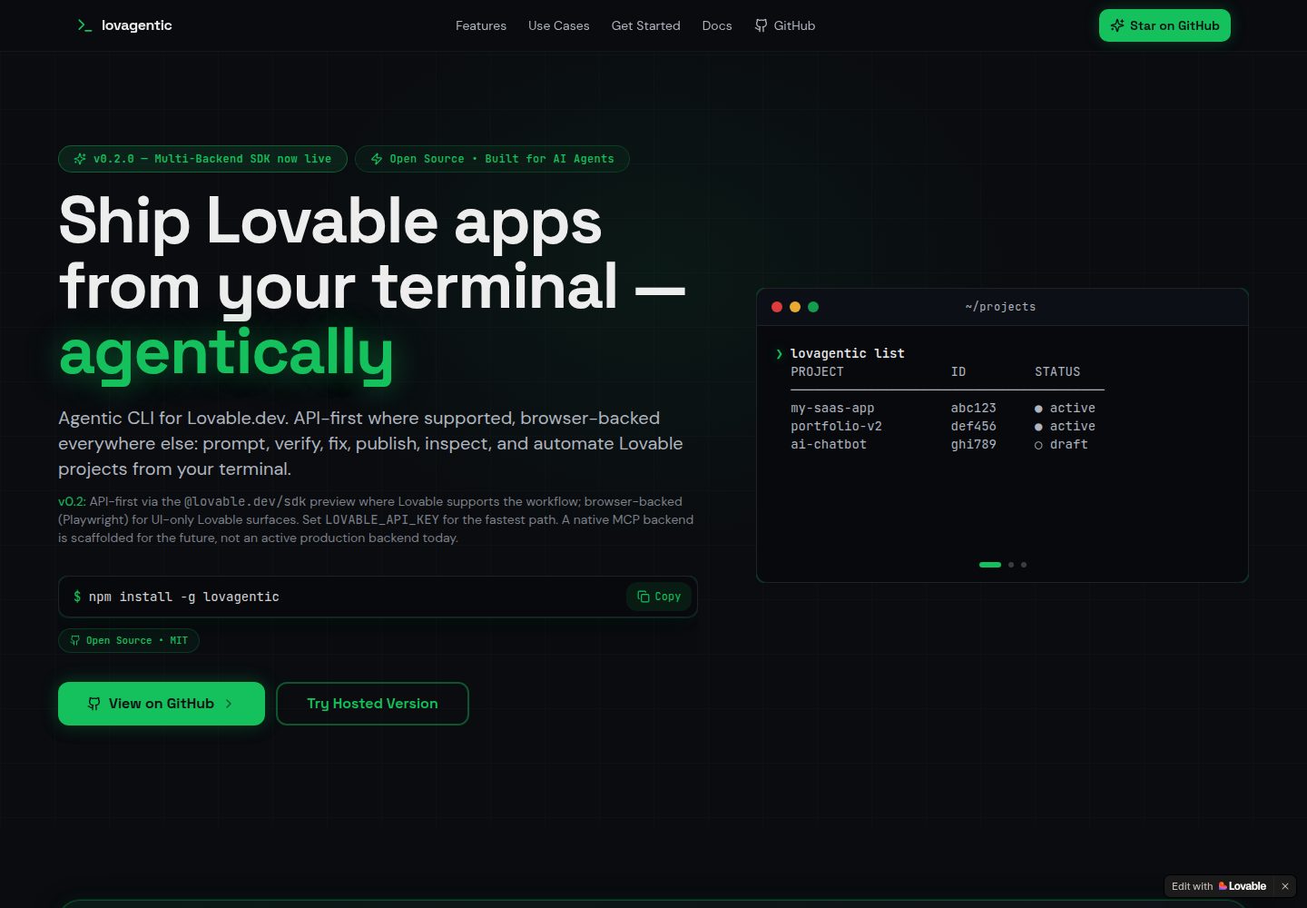 lovagentic public website screenshot