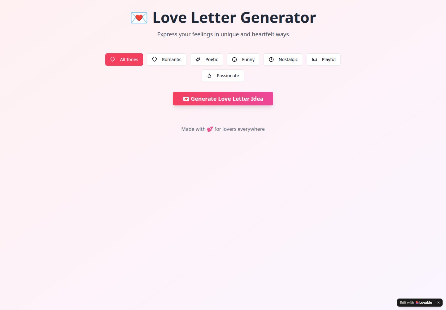 Love Letter Generator public website screenshot