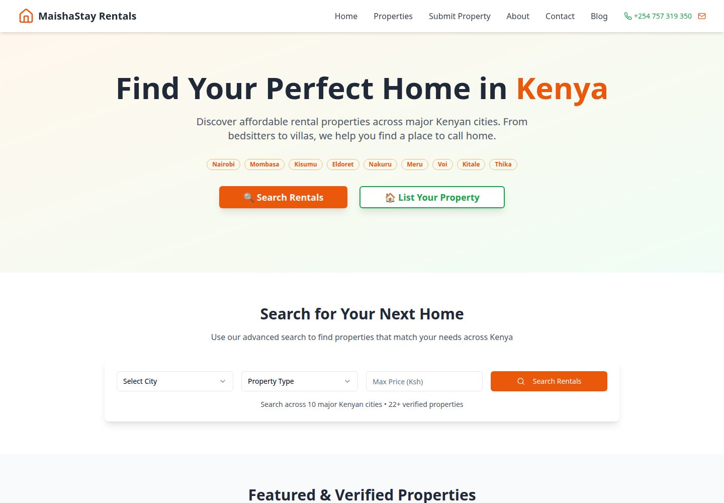 MaishaStay Rentals public website screenshot