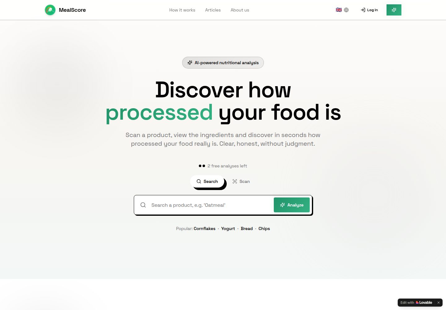 MealScore public website screenshot