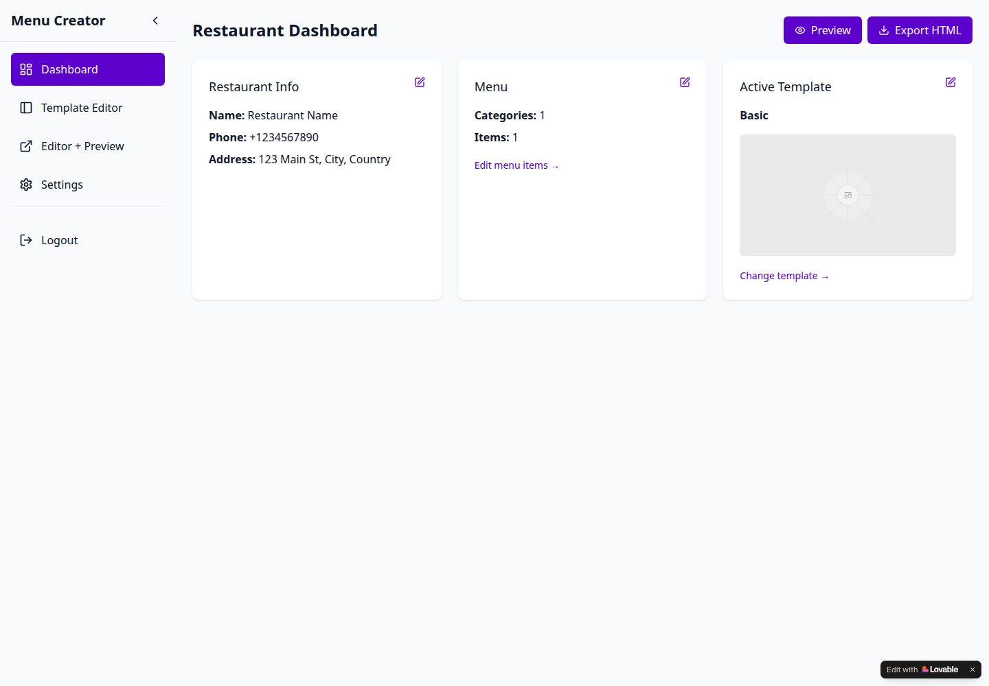 Menu Creator public website screenshot