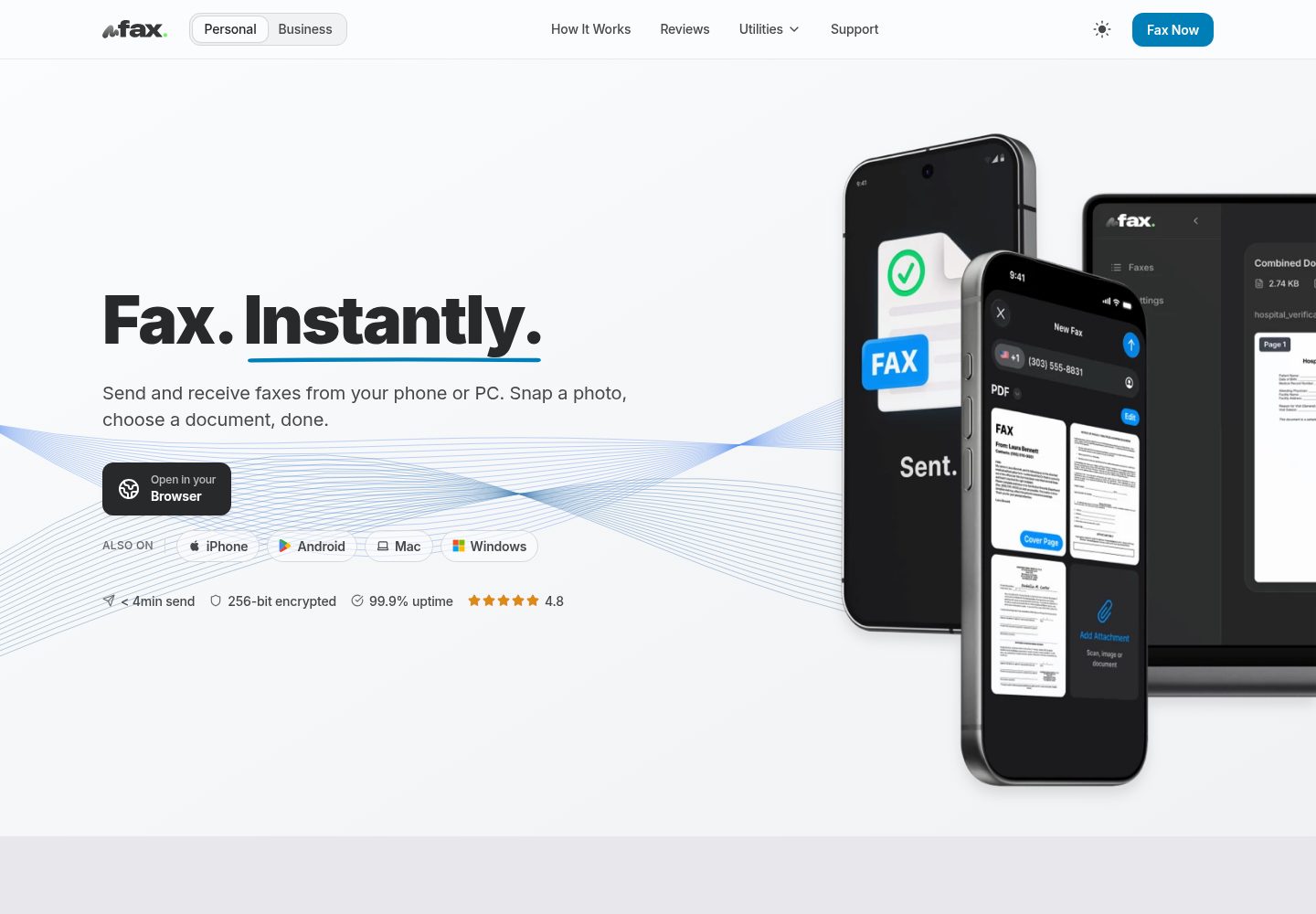 mFax public website screenshot
