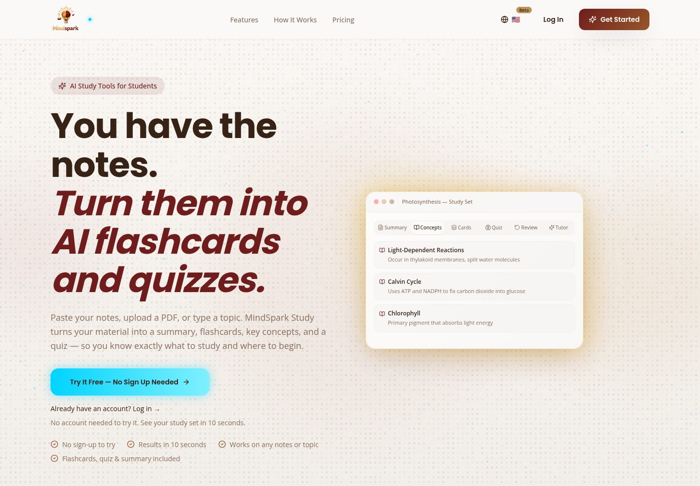 MindSpark Study public website screenshot