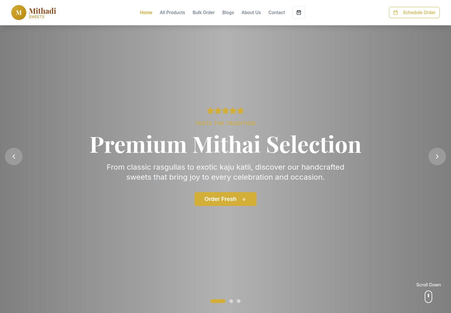 Mithadi Sweets public website screenshot