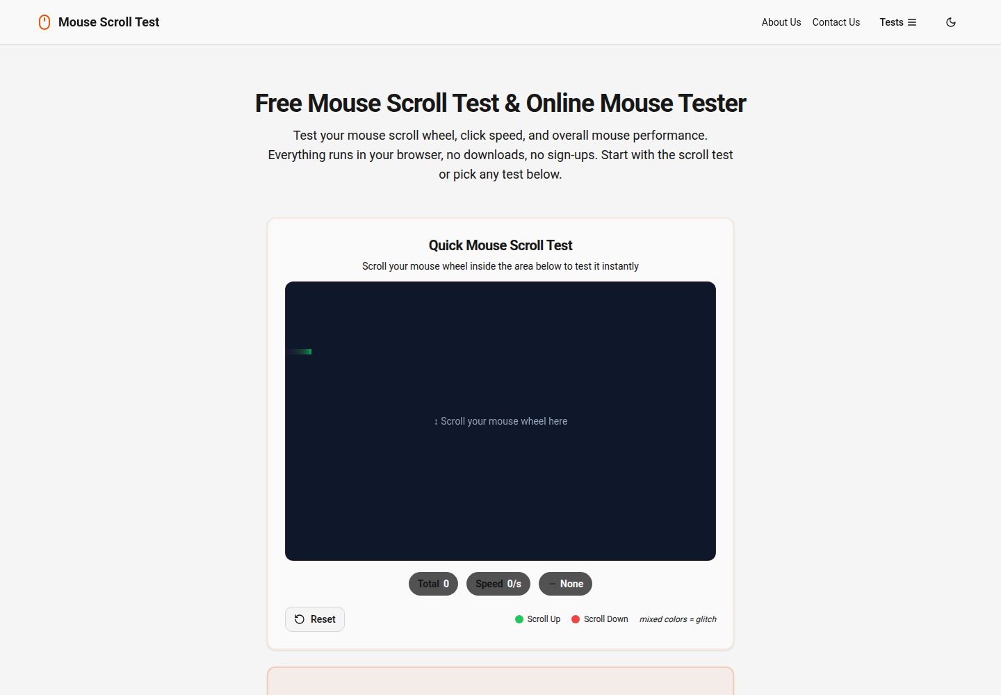Mouse Scroll Test public website screenshot