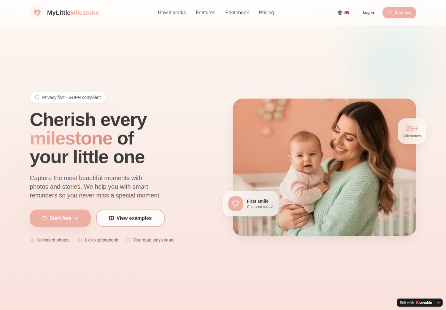 MyLittleMilestone public website screenshot