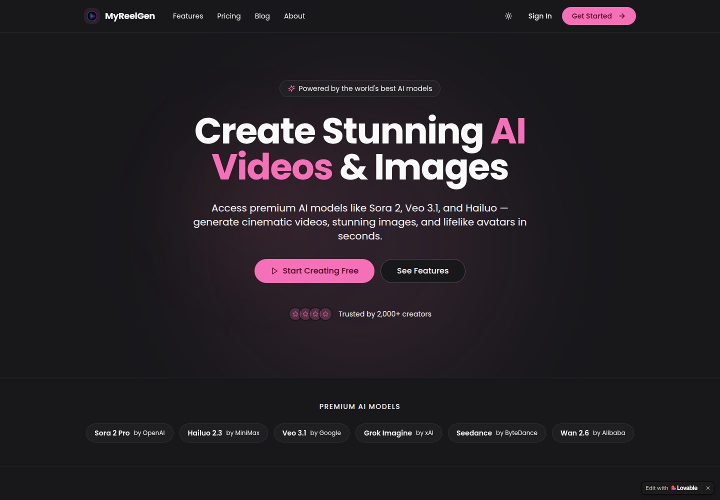 MyReelGen public website screenshot