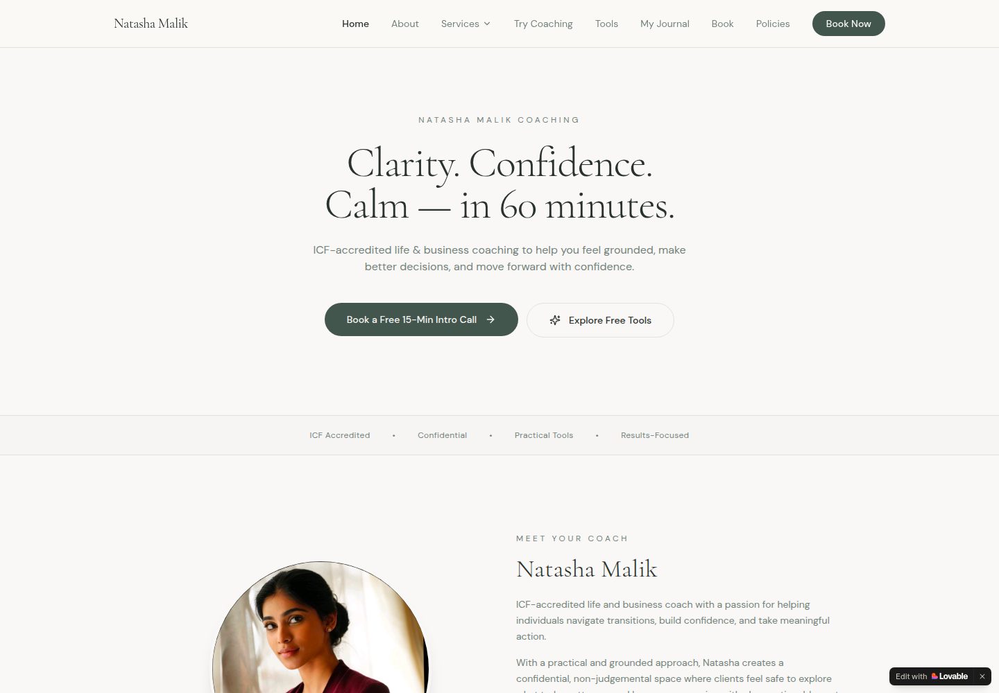 Natasha Malik Coaching public website screenshot