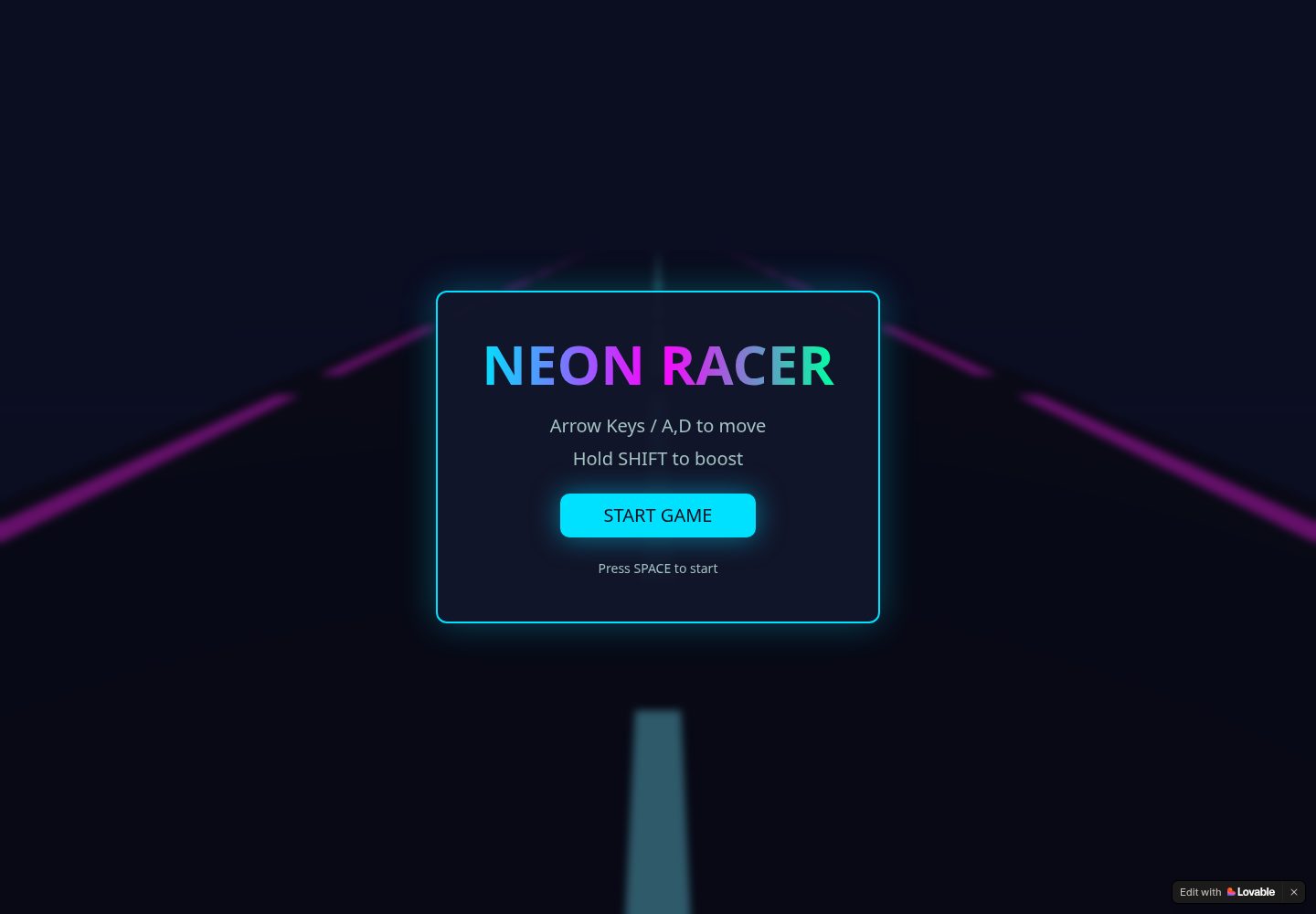 Neon Racer public website screenshot