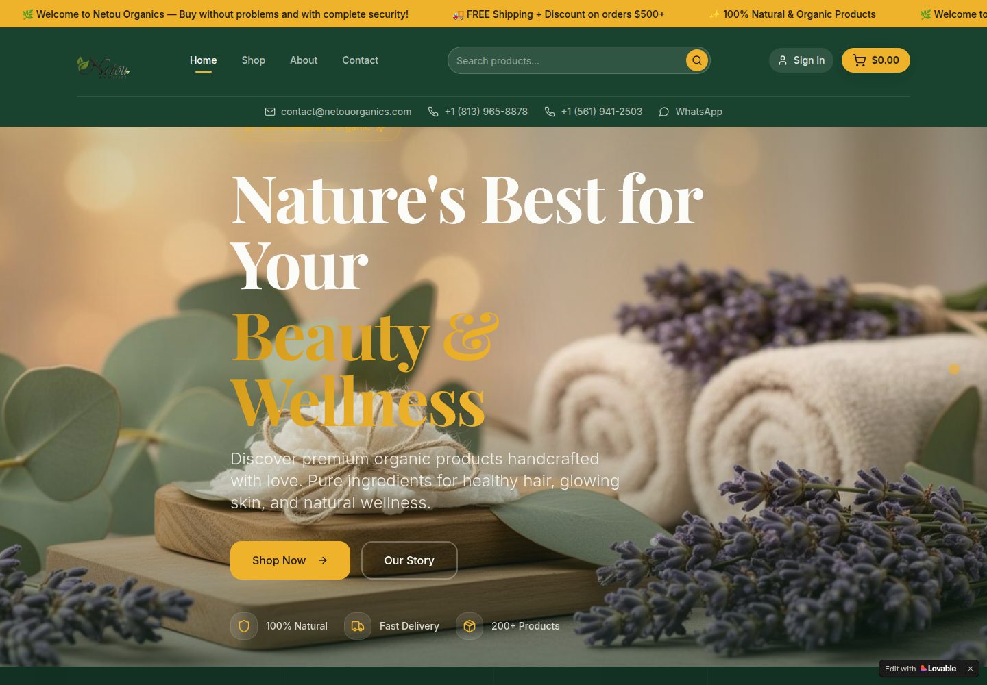Netou Organics public website screenshot