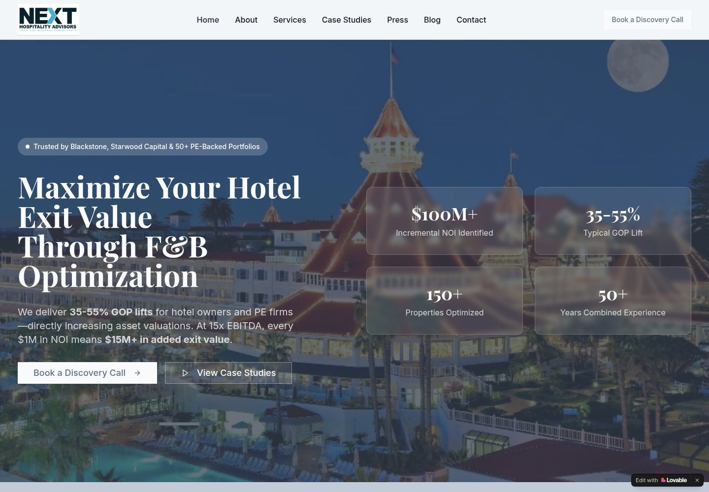 Next Hospitality public website screenshot