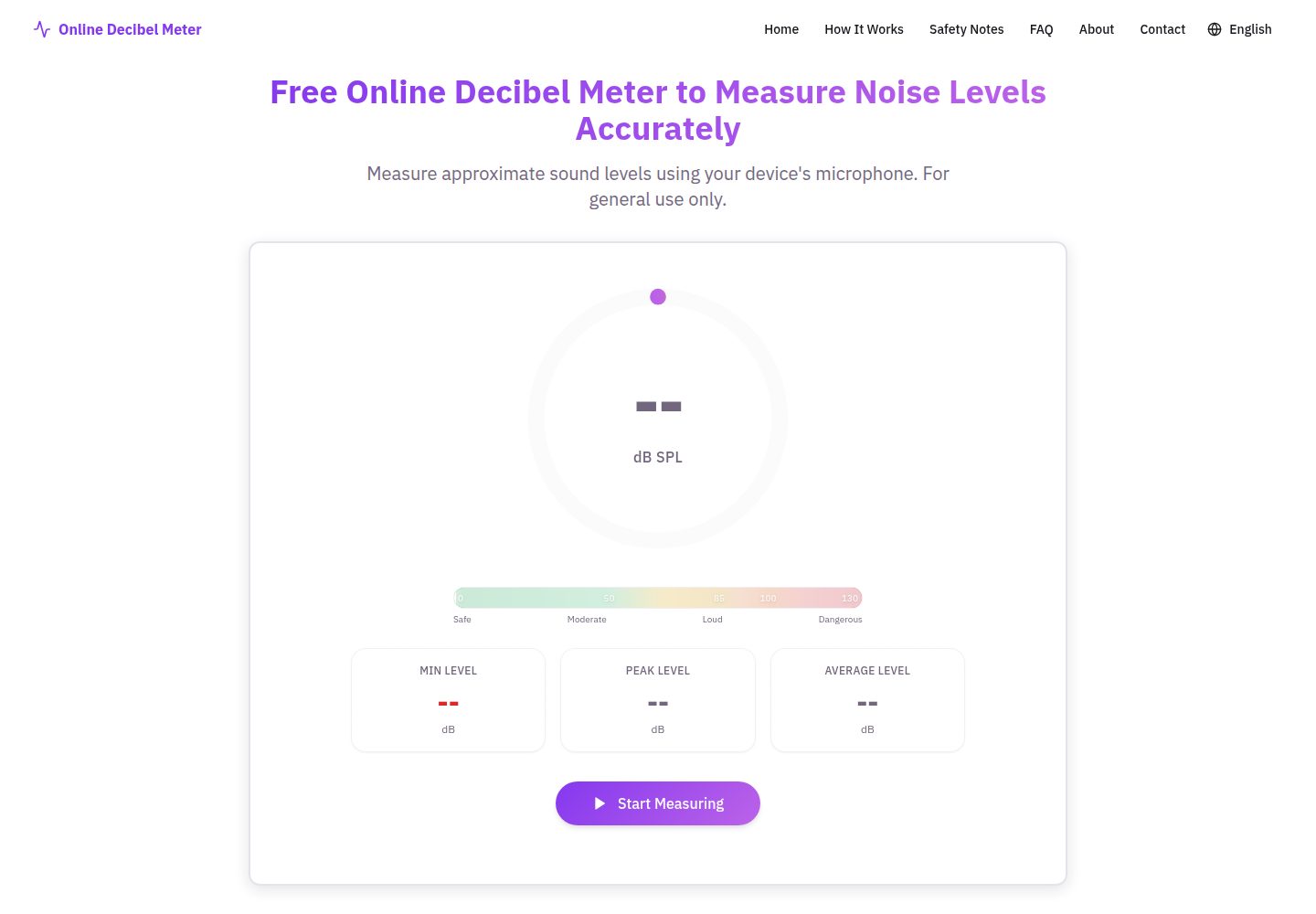 Online Decibel Meter public website screenshot