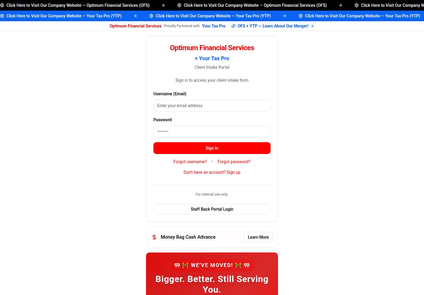 Optimum Financial Services public website screenshot