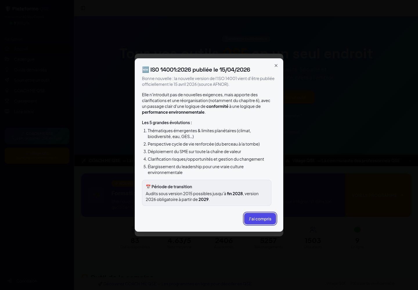 Outils QSE public website screenshot