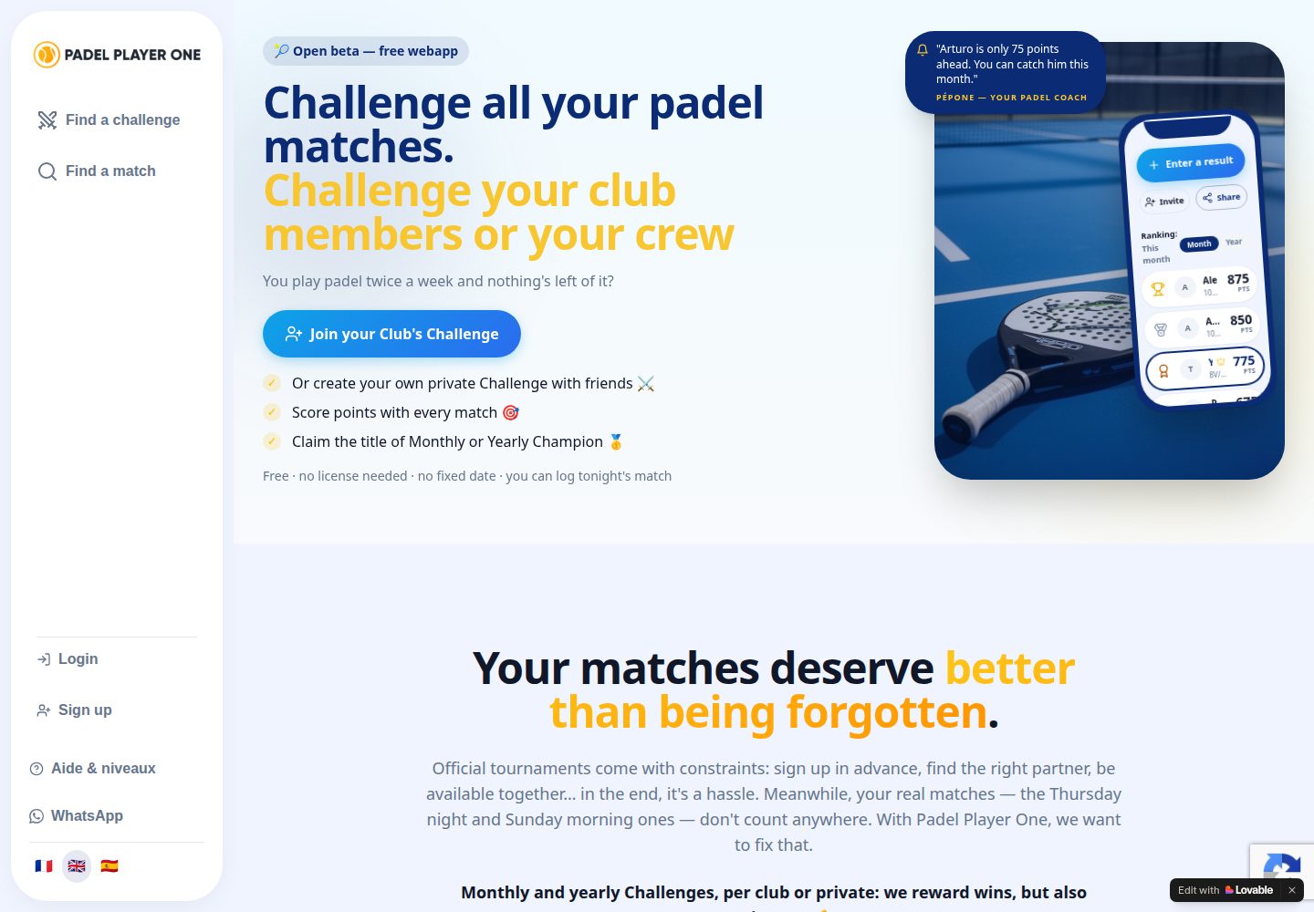 Padel Player One public website screenshot