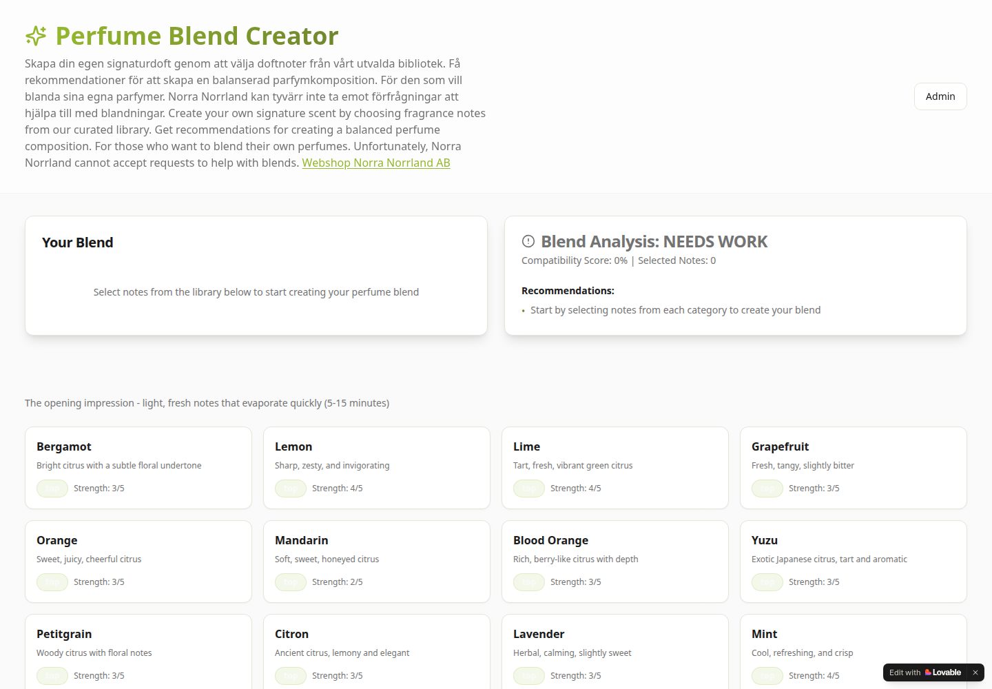 Perfume Blend Creator public website screenshot